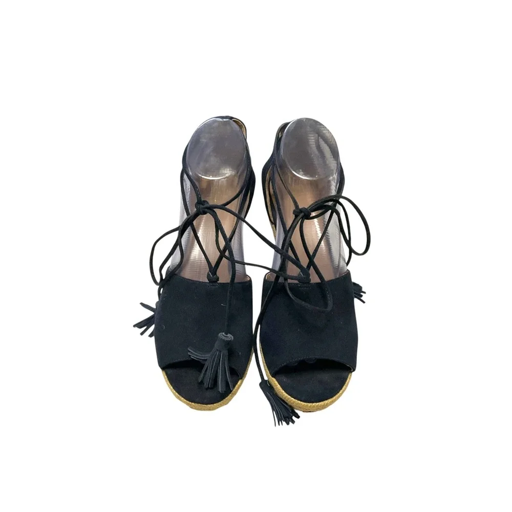 Cabi Navy Blue Lace Up Tassel Wedge Espadrille‎ Sandals Women's 8.5M Boho Summer